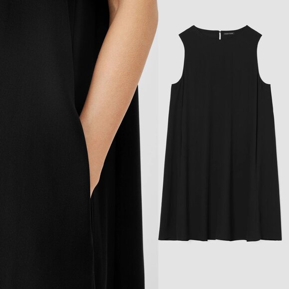 Eileen Fisher 100% Silk Georgette Crepe Round Neck Dress Black Petite XS PP $349 - Picture 3 of 14